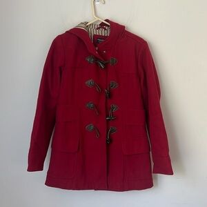 American‎ Eagle Womens Red Wool Blend Pea Coat Fur Hood Toggle Buttons Sz Med